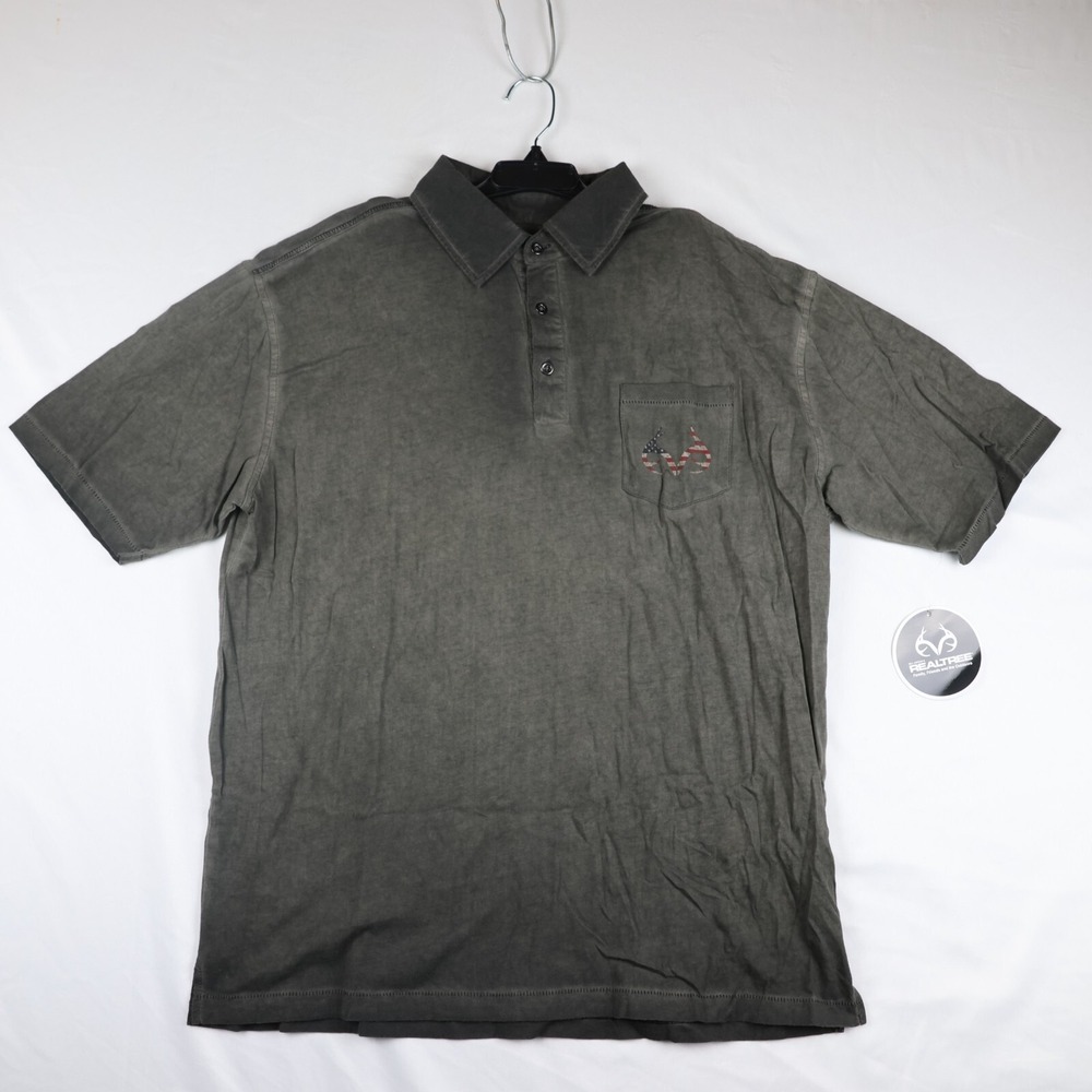 Realtree Polo Mens L Black Preppy Casual Classic Patriotic American Flag Antlers